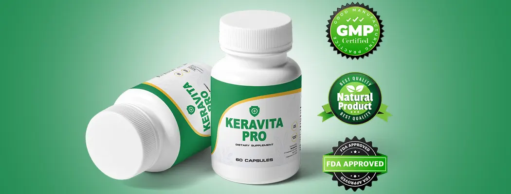 Two bottles of Keravita Pro dietary supplement capsules with a white background. The text on the labels is mostly black and white, with some red and green text.