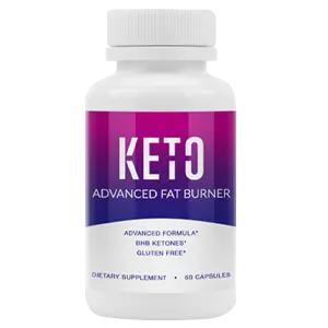 A bottle of Keto Advanced Fat Burner capsules with a gray background. The bottle has a blue label with white and yellow text.
