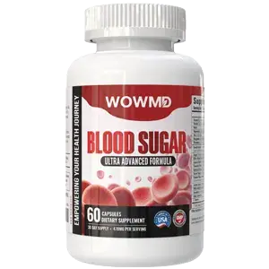 A white plastic bottle of WOWMD Blood Sugar Ultra Advanced Formula, a dietary supplement containing 60 capsules.